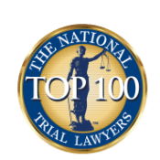 National Trial Lawyers Top 100 badge featuring Lady Justice holding scales, with blue and gold colors.